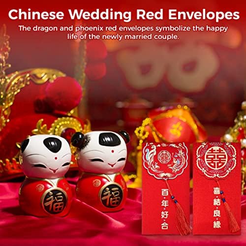 YHomU Kínai Vörös Borítékok Esküvői, 12 Db Hongbao Piros Csomagokat a Dragon Phoenix Minta Bojt, Szerencse, Pénz, Köszönöm Kártyák