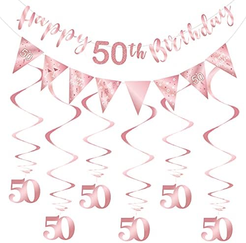 Rose Gold 50 Szülinapi Dekoráció Lányok, Boldog, hogy az 50-es Szülinapi Banner Sármány Kavarog, Háromszög Zászló Banner 50 Születésnapi