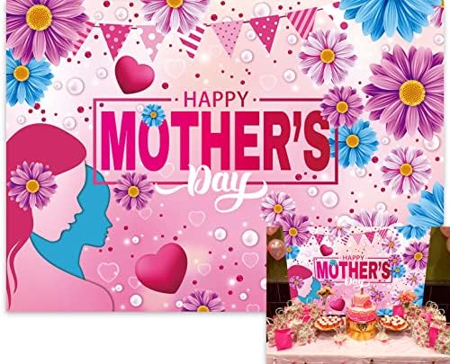 BINQOO 7x5ft Rózsaszín Boldog anyák Napi Szív Háttérben Lila Kék Virág Kösz, Anya Királynő Napja Háttér Anyák Ajándék Fesztivál Party