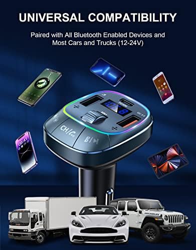 RIWUSI Bluetooth Autós Adapter, [PD 30W+QC 3.0] [Erősebb Kettős Mic & Bass Boost] Bluetooth 5.0 FM Transmitter Autóba, Kezét-Ingyenes