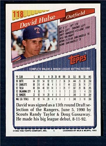 1993 Topps 118 David Hulse NM-MT RC Újonc Texas Rangers Baseball