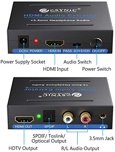 eSynic 4K HDMI Audio Extractor HDMI-HDMI + Optikai TOSLINK SPDIF + Analóg RCA L/R +3,5 mm-es Jack Sztereó Audio Video Splitter Átalakító