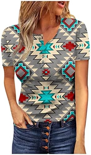 Iuhan Női Elegáns Felsők Nyugati Azték Etnikai Stílus Geometriai Nyomtatás póló, Rövid Ujjú, V-Nyak Gomb Női Divat