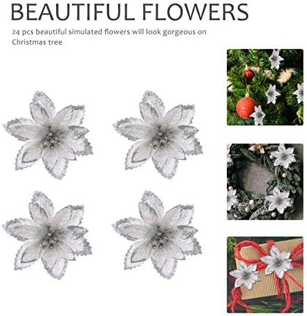 Amosfun 24 Db Gyönyörű Szimulált Virágok, Ünnepi Élethű Karácsonyfa Dekorok (Ezüst) Party Fotó Kellékek