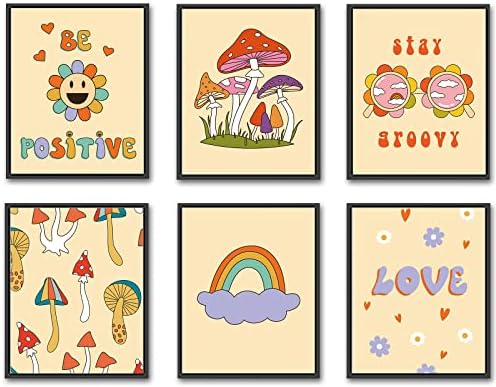 YIXIHOMPT Inspiráló Klassz Plakátok 70-es, 60-as évek Hippi Stílus Wall Art Virágok, Emoji, Gomba, Pozitív Idézetek Vintage Nosztalgia