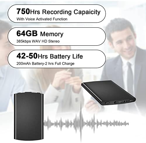 64 GB Digitális diktafon,Legvékonyabb hangvezérelt Felvevő 750 Órás Felvételt Tároló,42 Óra Tartós Akkumulátor Előadás Interjú