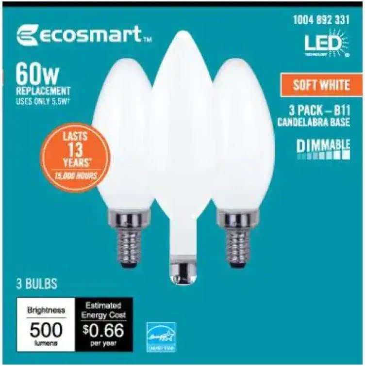 EcoSmart Izzók 60 Wattos Egyenértékű B11 Szabályozható Energy Star Matt Üveg Gyertyatartó Régi Edison LED Izzó, Puha, Fehér (3 Csomag)