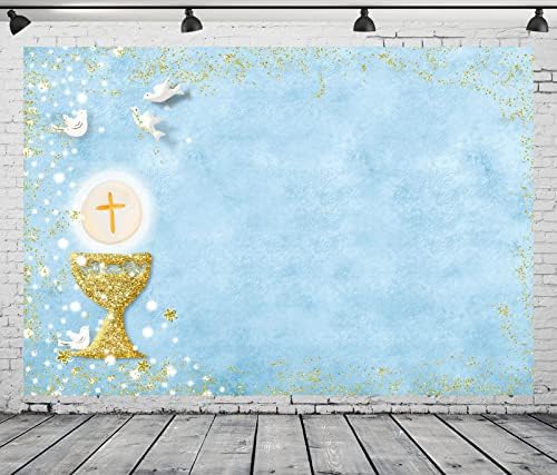 CORFOTO 10x8ft Szövet Első szentáldozás Meghívó Hátteret Kehely Angyal Kék Háttér a Csecsemő Keresztség Fotó Kellékek Isten Áldja