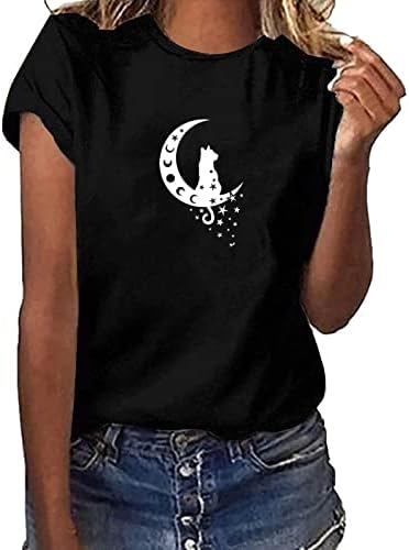 A nők Aranyos Grafikus póló Sleeve Rövid Ujjú Nyári Alkalmi Aranyos Macska, a Hold Nyomtatás Póló Maximum