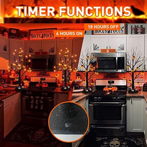EAMBRITE Halloween Fa, 2LÁB Fekete Kísérteties Fa, 24 LED Narancssárga Fények, 8 Sütőtök, Akkumulátoros Csillogó Asztali Fa Időzítő Halloween