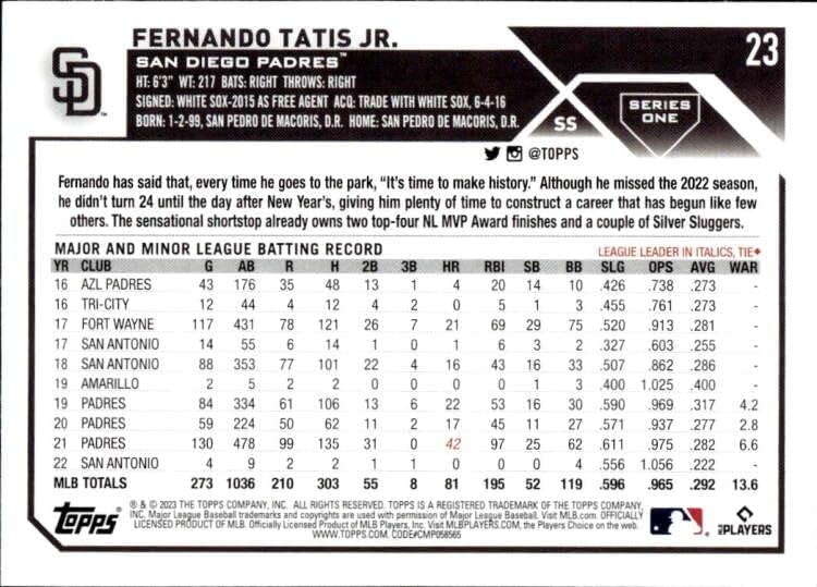 2023 Topps 23 Fernando Tatis Jr., San Diego Padres-Sorozat 1 MLB Baseball Trading Card