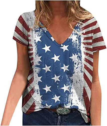 Amerikai Zászlós Póló Női Nyári július 4-én Hazafias V Nyakú Rövid Ujjú Felsők Csillag Csíkos Függetlenség Napja T-Shirt