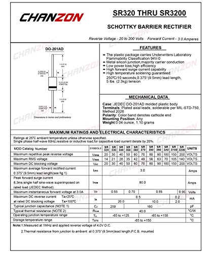 (Csomag 20 Db) Chanzon SR360 (SB360) Schottky Akadály Egyenirányító Diódák 3A 60V DO-201AD (DO-27) Axiális 3 Amp 60 Voltos