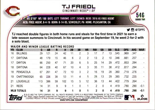 2022 Topps 546 TJ Friedl RC Újonc Cincinnati Reds Sorozat 2 MLB Baseball Trading Card