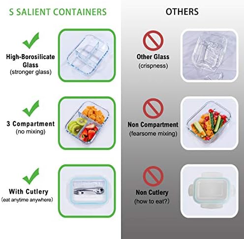 S LEGJELLEMZŐBB Üveg Étel elkészítése Konténerek 3 Rekesz - Bento Box Üveg Ebéd Konténerek - Étel elkészítése Üveg-Élelmiszer-Tároló Tartályok