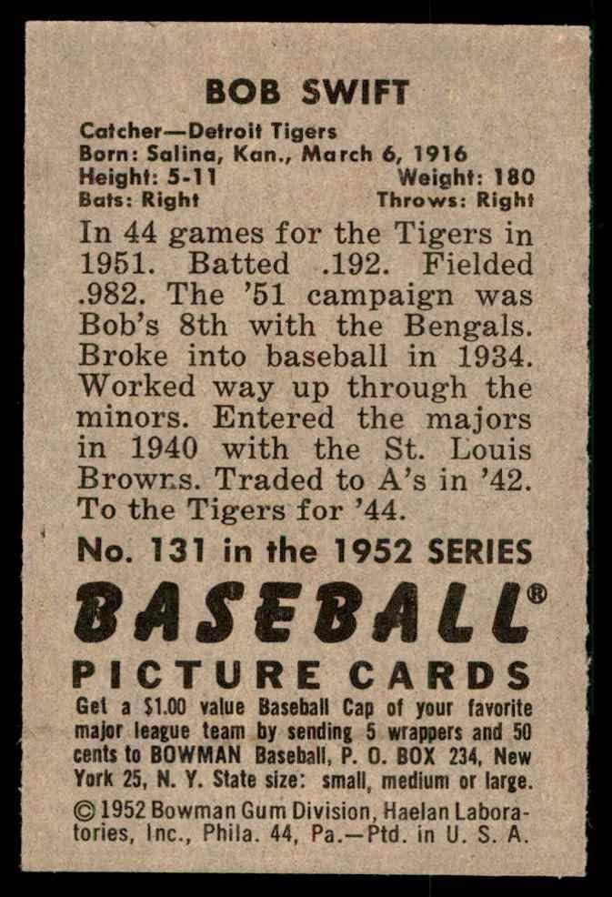 1952 Bowman 131 Bob Swift Detroit Tigers (Baseball Kártya) EX/MT Tigrisek