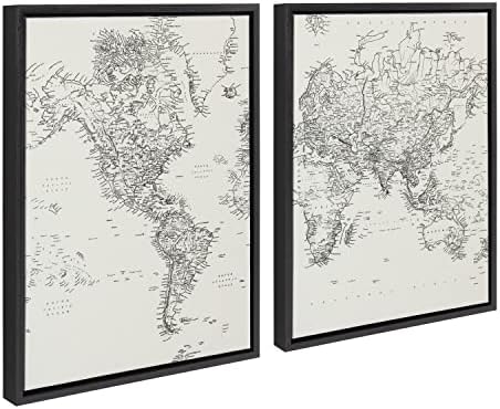 Kate Laurel Sylvie Klasszikus Fekete-Fehér Világ Térkép Keretes Vászon, Vászon Wall Art által Meghatározott, A Kreatív Csapat