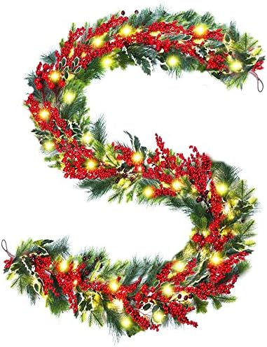 DDHS Karácsonyi Koszorú,9FT Mesterséges Garland Karácsonyi Díszek 60 LED Piros Bogyó Köpeny, Kandalló, Beltéri, Kültéri, Zöld