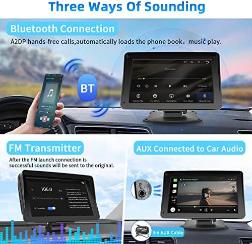 Podofo Autó Hifi Hordozható, Vezeték nélküli Apple Carplay & Android Auto 7 Hüvelykes HD érintőképernyő 7V-32V Car Audio