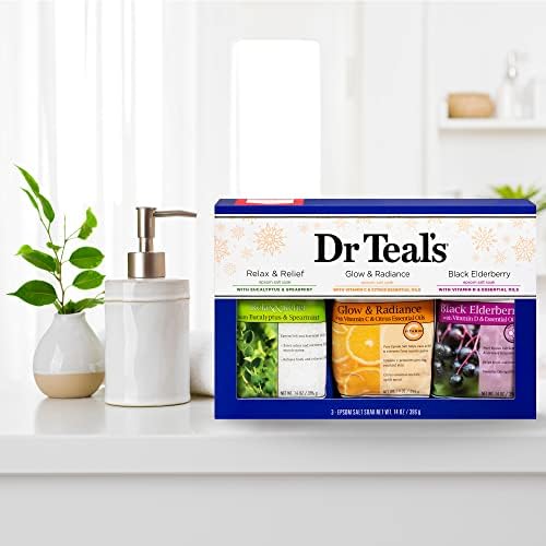 Dr. Teal az Epsom Só Variety Pack Ajándék Szett (Relax & Enyhülést Eukaliptusz & Fodormenta, Fény & Ragyogás a C-Vitamin & Citrusfélék, Fekete