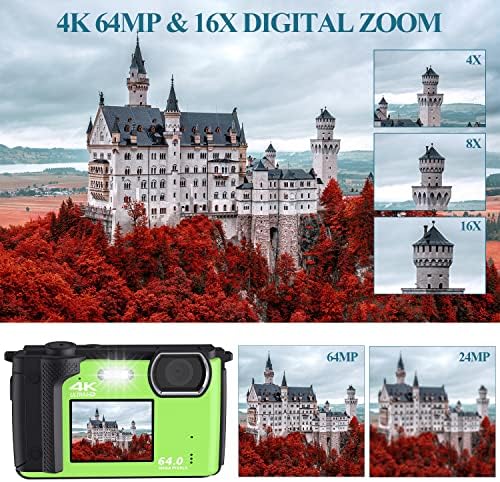 Digitális Fényképezőgép 4K 64MP, Vlogging Kamera Vakuval Önarckép Kettős Képernyők,Kompakt Pont Lőni Kamera, WiFi,16X Digitális Zoom 2.8