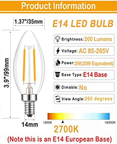 Lamsky E14 LED Izzó 2700K Meleg Fehér 2W,Egyenértékű E14 Izzó 20W-25W,Világos, Vintage E14 Európai Alap Izzó a Csillár,Medál