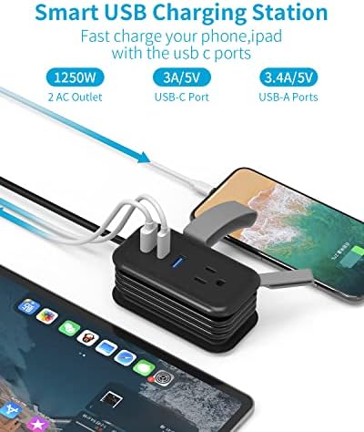 Utazási elosztó USB Portok(1 USB-C),Rögzítésre a Hajó Kártya, 3.9 FT UL Jóváhagyott Köré Hosszabbító Kábel USB-Aljzatba, Lapos Dugó,