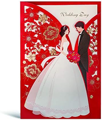Hosmsua 5x7.3 Inch 50PCS Üres Piros Lézerrel Vágott Esküvői Meghívók, Kártyák Menyasszony & Vőlegény Arany Virág Zseb Eljegyzés Esküvői