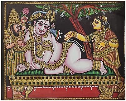 Egzotikus India 12 x 10 Navaneeta Krishna Tanjore Festmény | Hagyományos Színek, 24 karátos Arany | Tíkfa Keret | G