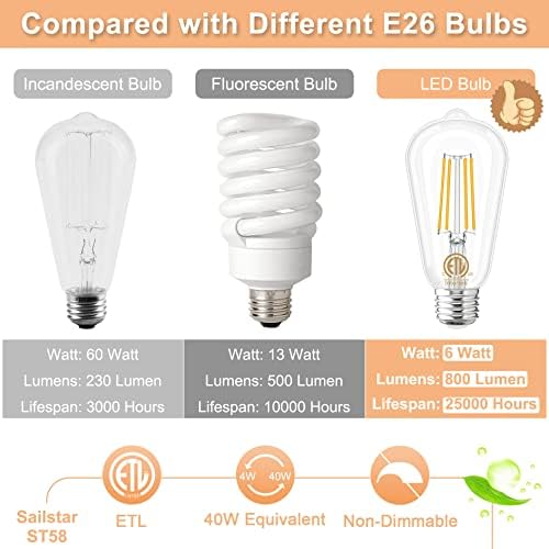 Sailstar E26 LED Izzó 60 Watt Egyenértékű, Izzók 60 Watt Puha, Fehér 3000K, 800LM Edison Izzók 60 Wattos LED, LED-Edison-Izzó