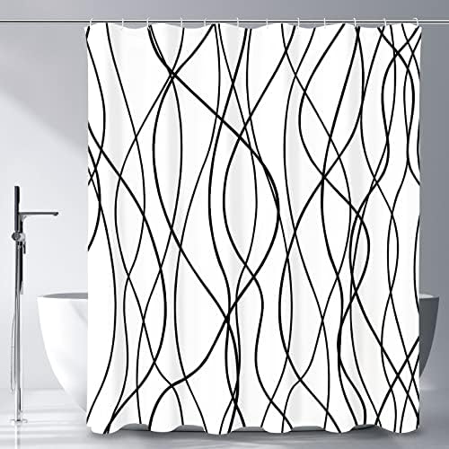 Gibelle Fekete-Fehér Csíkos Zuhanyzó Függöny, Absztrakt Modern Minimalista Vízálló Szövet Zuhanyzó Függöny Szett, Horgok, 72 x 72