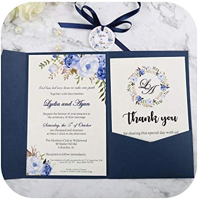 100 db esküvői meghívó rózsaszín kék zsebében üdvözlőlap boríték egyedi fél a szalag, illetve címke-sötétkék-Egyedi Nyomtatott