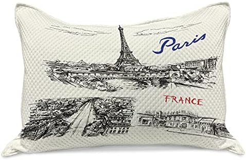 Ambesonne Eiffel-Torony Kötött Paplan Pillowcover, Párizs Vázlatok Sziluett Klasszikus Táj Forgalom fekete-Fehér Illusztráció, a Standard