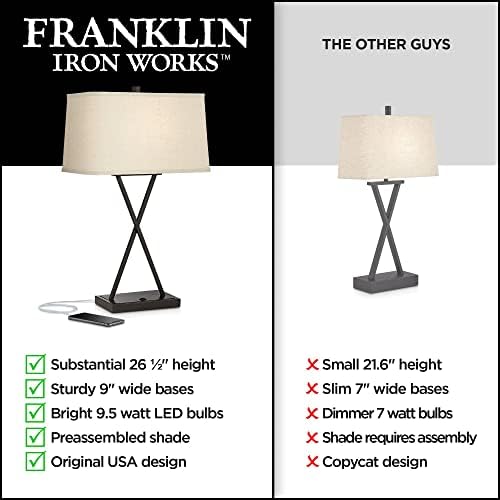 Franklin Vas Működik Megan Modern asztali Lámpa 26.5 Magas Készlet 2 a Hotel Stílus USB Töltő Port LED Bronz Fém Téglalap alakú Szövet Árnyékban