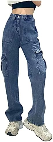 Gombra, Magas Derék jeans női streetwear Patchwork Zsebében bő nadrág Elasztikus Tömör Színű Farmert Vékony Farmer Nadrág
