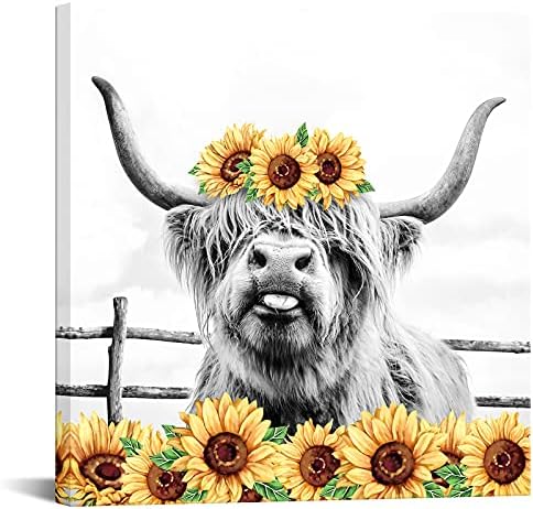tudom, FOTO Highland Tehén Vászon Wall Art Aranyos Szarvasmarha, Sárga Napraforgó Fekete-Fehér Kép, Festmény Farm Állat, Virág Mű Haza Hálószoba,