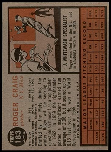 1962 Topps 183 NRM Roger Craig New York Mets (Baseball Kártya) (Normál Árnyalat) EX Mets