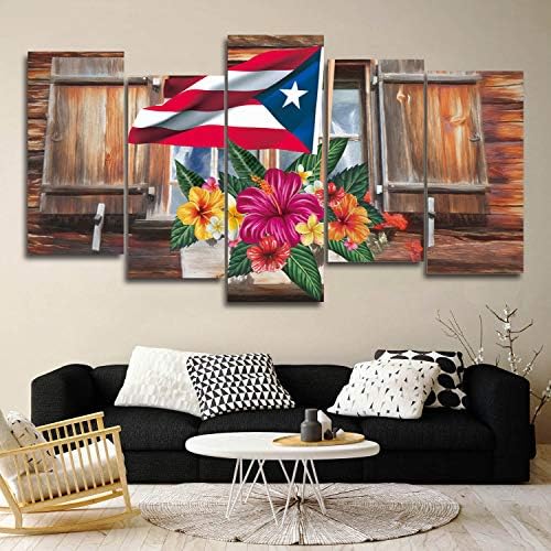 5 Panelek Giclee Alkotás Keretes, Wall Art a Hálószoba/Nappali/Étterem Dekoráció, Puerto Rico Zászlót, Hibiszkusz a Pajta Kép