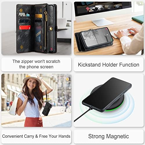 CaseMe Samsung Galaxy S23 Tárca az Esetben, Retro, Kézzel készített Bőr 2 az 1-ben Levehető Flip Cipzár tok Memóriakártya-Nyílások,