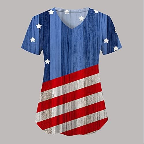Július 4-én Tshirt a Nők Usa Zászló Nyári Rövid Ujjú, V-Nyak Tshirt, 2 Zsebbel Blúz Felső Ünnepi Alkalmi Munkaruházat