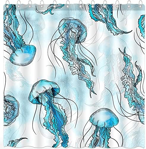 DePhoto Kék Medúza Zuhanyzó Függöny Fürdőszoba Óceán Trópusi Tengeri Tengeri Hal, Kék, Zöld Tengeri Élet Poliészter Szövet