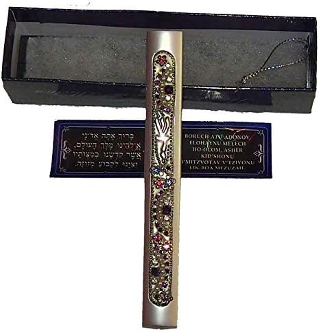 Judaica Mezuzah Esetben Matt Ezüst Hang Shadai Csillogó Kövek, Kristályok 10 cm