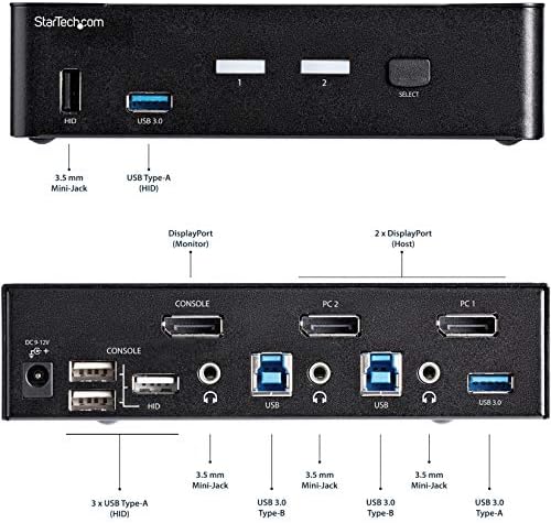 StarTech.com 2 Port DisplayPort KVM Switch - 4K-60Hz - egy képernyő - Dual Port UHD DP 1.2 USB KVM Switch Integrált USB 3.0 Hub & Audio