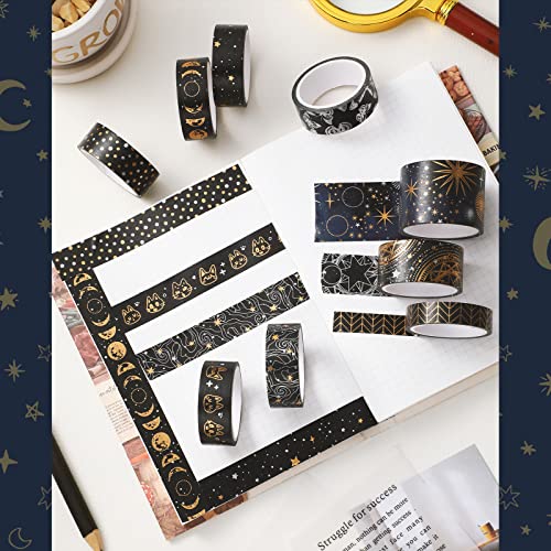 Washi Tape Set 9 Rolls-Ezüst-Arany Minta Fólia Szalaggal, Vintage Fekete Washi Tape Set Pillangó, Csillag, Hold, Esztétikus,