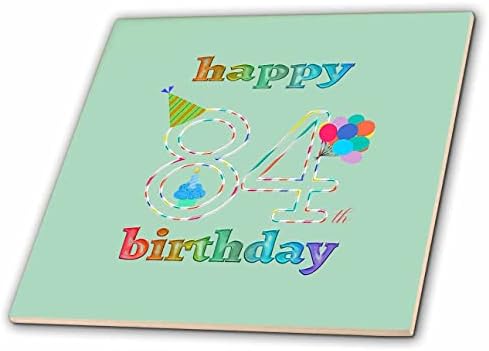 3dRose Boldog 84 Születésnapot, Süti a Gyertyát, Lufi, Kalap, Színes - Csempe (ct_352211_1)