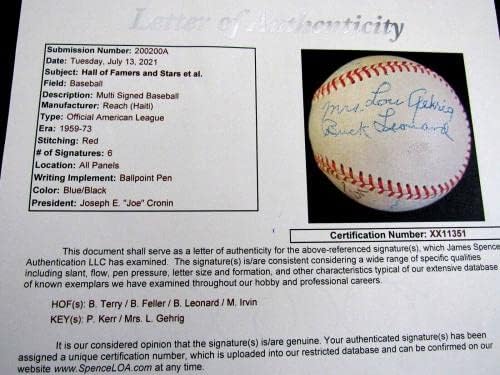 Mrs Lou Gehrig Bill Terry Leonard Kerr Feller Aláírt Auto Reach Baseball Szövetség Loa - Dedikált Baseball