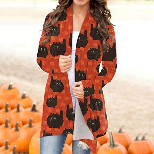 Női Halloween Régi bútor Őszi Hosszú Ujjú Nyissa ki az Elülső Outwear Kabát Fekete Macska Nyomtatás Alkalmi Kabát