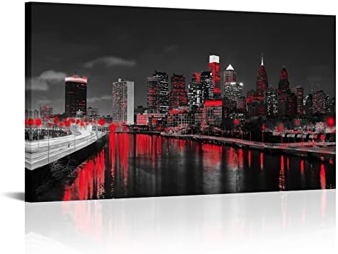 sechars Philadelphia Wall Art Vászon Fekete, Fehér, Piros USA Város Éjszakai Látképét Kép, Fotó Nyomtatás Modern Philly Város Schuylkill