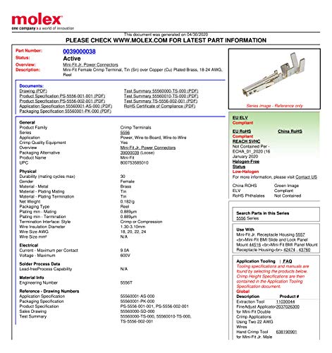 Molex Női Micro-Fit 3.0 ™ Hullám Terminálok Csapok Huzal Átmérő: 20-24 AWG, 1.85 mm (Csomag 50)