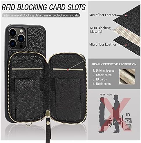 ZVE iPhone 13 Pro Tárca Esetében RFID, Cipzáras Tárca az Esetben a Kártya Birtokosának Slot Csuklópántot Táskáját Védő Bőr borítású